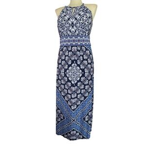 London‎ Style Collection Women Navy Blue White Geometric Print Halter Maxi Dress